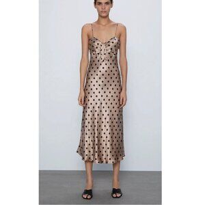Zara Printed Polka Dot Satin Slip Midi Dress S